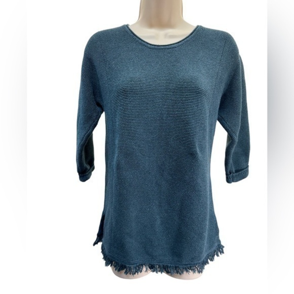 Wrap London Tight knit frayed fringe hem 3/4 sleeve crewneck sweater top